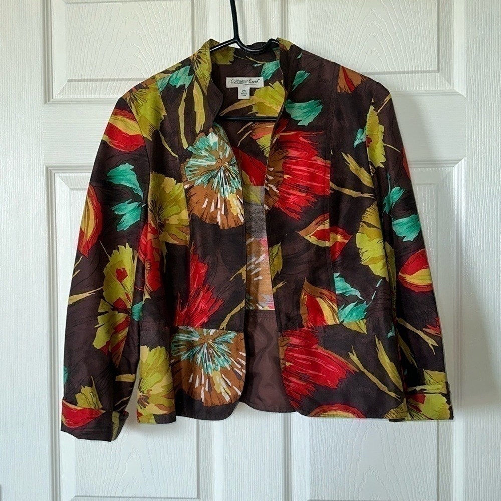 COLDWATER CREEK Womens 100% Silk Brown Gold Orange Jacket Blazer Sz PM
